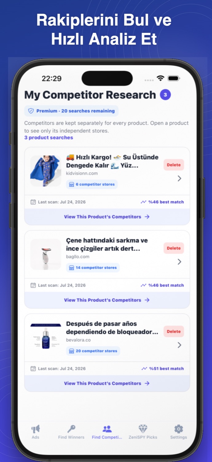 ZeniSpy product-based competitor research screen
